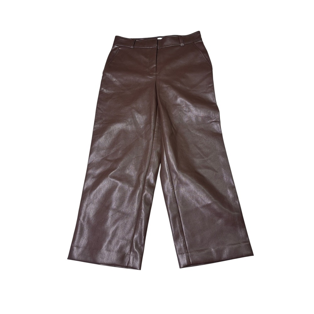 Aritzia Babaton Brown Vegan Leather Wide Leg Pants High Waisted Cropped 2 27x22